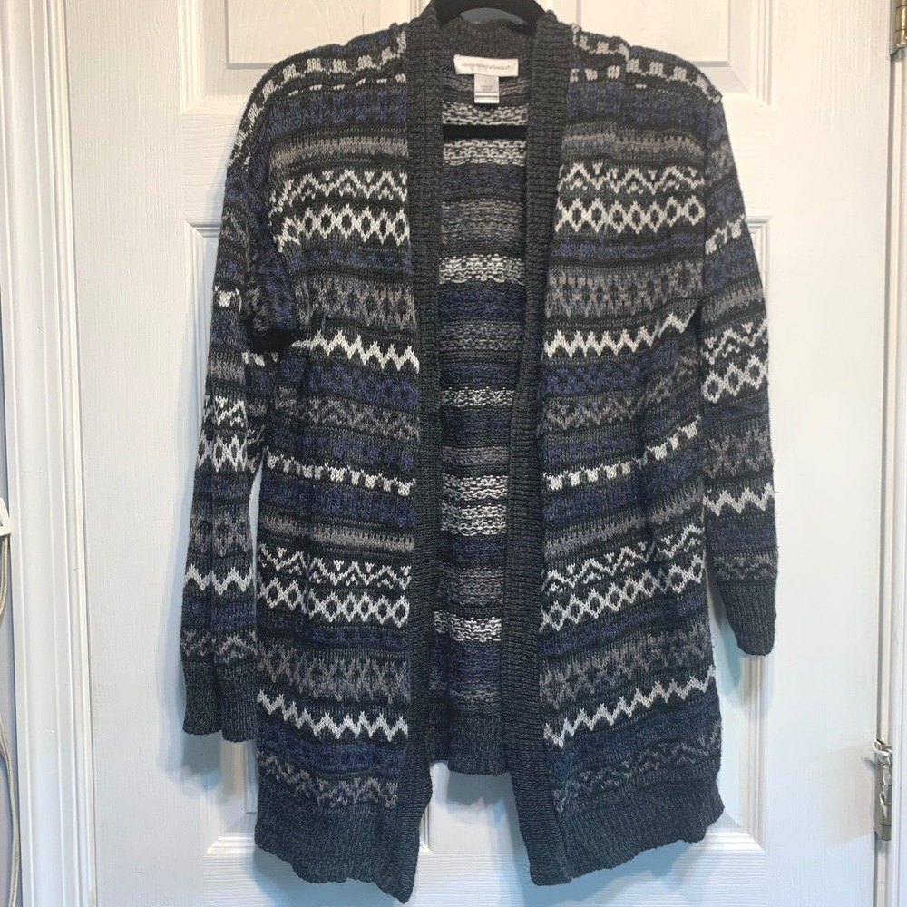 Christopher & Banks Cardigan Large Fair Isle Blue Grey Open Front Sweater Nordic